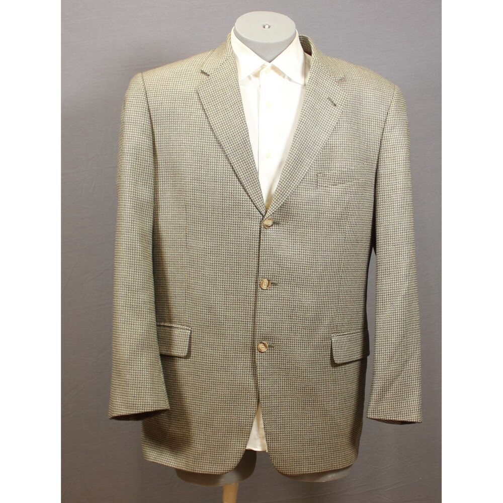 Joseph Abboud Sport Coat Silk Wool Houndstooth Tan Beige Three Button 42L